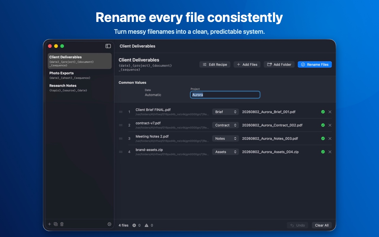 Rename Recipes showing a batch of files and their generated filenames